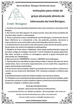 Istruzioni per la segnalazione della grazia ottenuta per intercessione di Suor Benigna